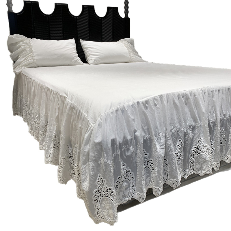 Fustă de pat din bumbac 100% cu broderie și margine dantelată, pentru pat de 1,5 m
