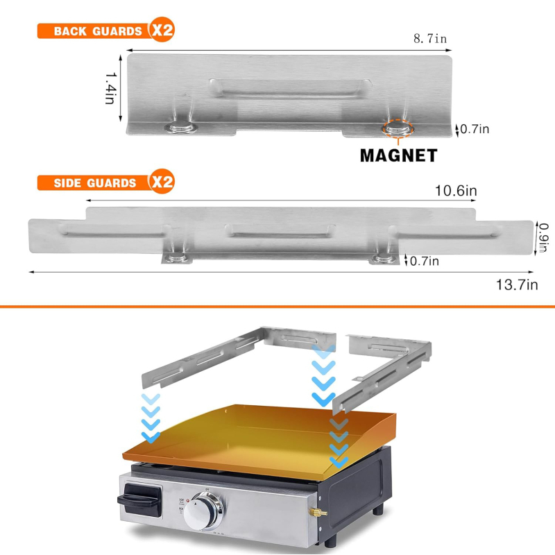 Ecran de protecție împotriva vântului din oțel inoxidabil 430 pentru grătare — cadru lateral, dimensiuni 17, 22, 28 și 36 inch