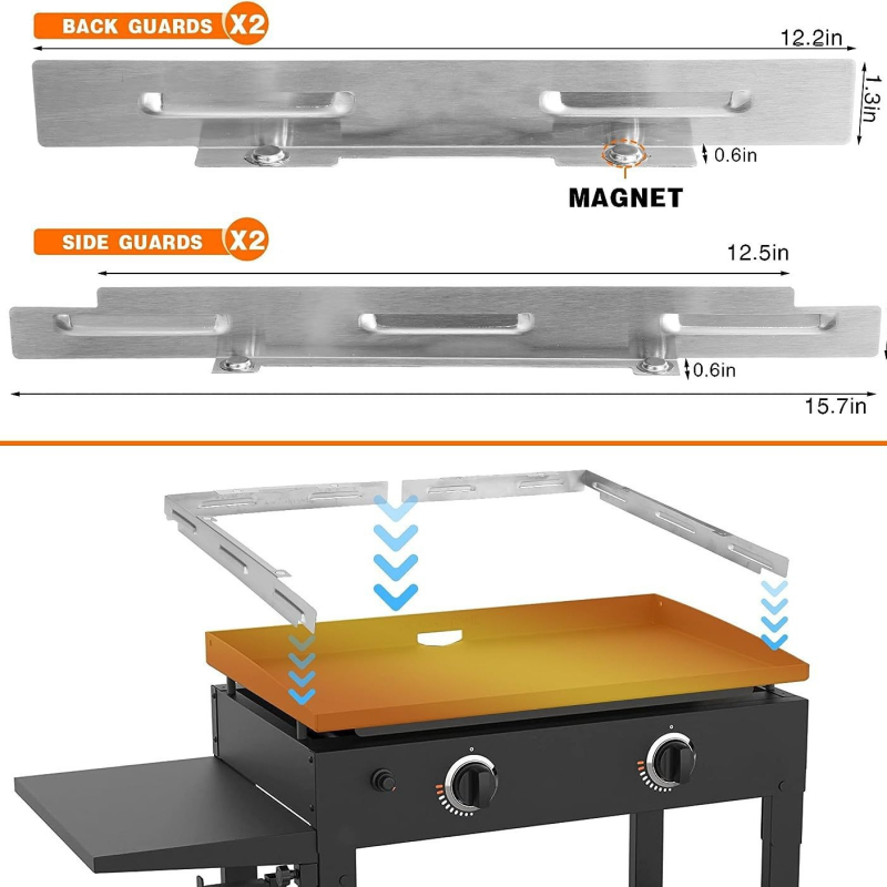 Ecran de protecție împotriva vântului din oțel inoxidabil 430 pentru grătare — cadru lateral, dimensiuni 17, 22, 28 și 36 inch