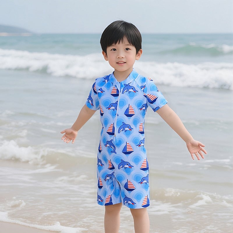 Детски цял бански с карикатурен принт — дишащ, UV защита, къс ръкав, бързосъхнещ, за момчета и момичета
