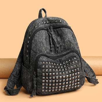 Ženski denim ruksak za putovanja, velik kapacitet, punk rivet dizajn, torba za 8-inčni prijenosnik, gradski minimalistički dizajn