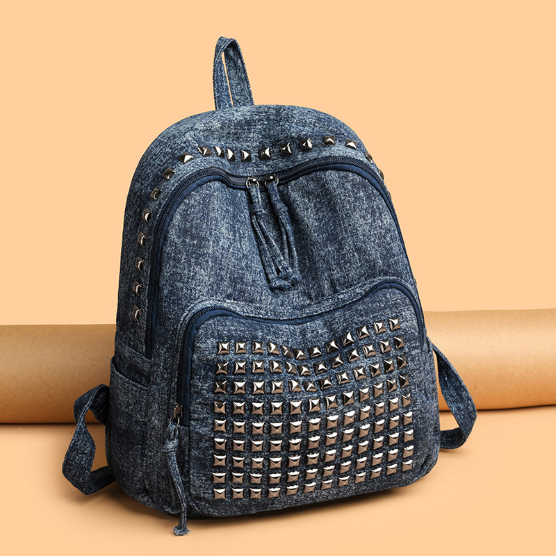 Ženski denim ruksak za putovanja, velik kapacitet, punk rivet dizajn, torba za 8-inčni prijenosnik, gradski minimalistički dizajn