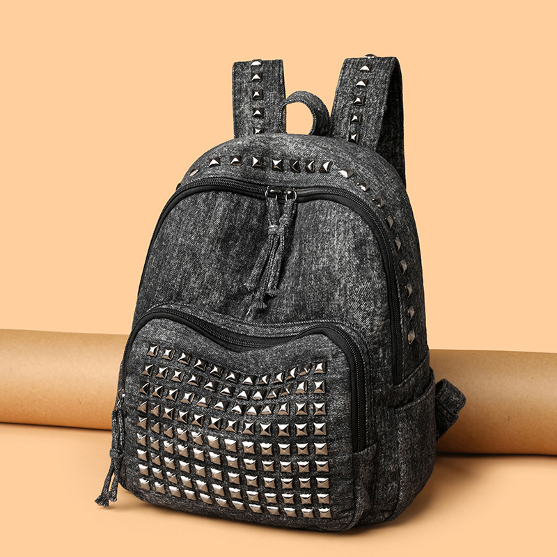 Ženski denim ruksak za putovanja, velik kapacitet, punk rivet dizajn, torba za 8-inčni prijenosnik, gradski minimalistički dizajn