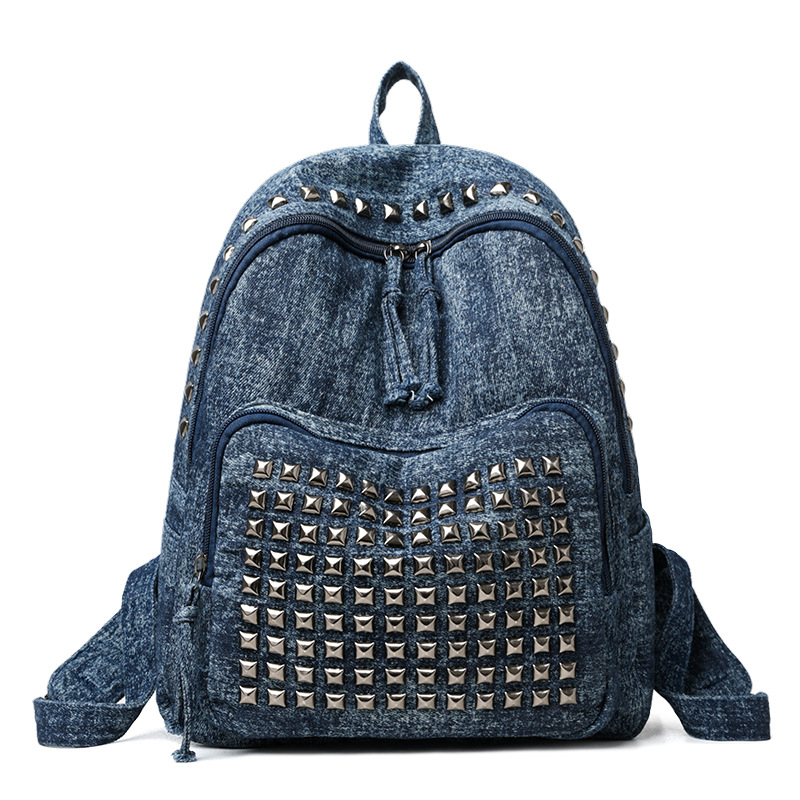Ženski denim ruksak za putovanja, velik kapacitet, punk rivet dizajn, torba za 8-inčni prijenosnik, gradski minimalistički dizajn