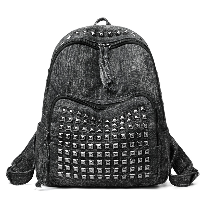 Ženski denim ruksak za putovanja, velik kapacitet, punk rivet dizajn, torba za 8-inčni prijenosnik, gradski minimalistički dizajn