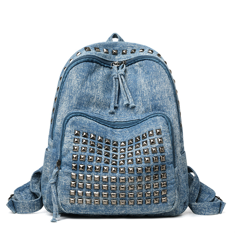 Ženski denim ruksak za putovanja, velik kapacitet, punk rivet dizajn, torba za 8-inčni prijenosnik, gradski minimalistički dizajn