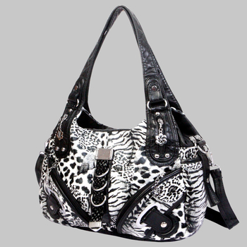 Torba za rame od kože s efektom pranja i leopard uzorom te zakovicama, moderan crossbody, srednja veličina, oblik dumpling