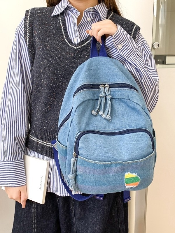 Ženski mini ruksak od denima i platna u Harajuku stilu, mali dvostruki remeni za studente i putovanja