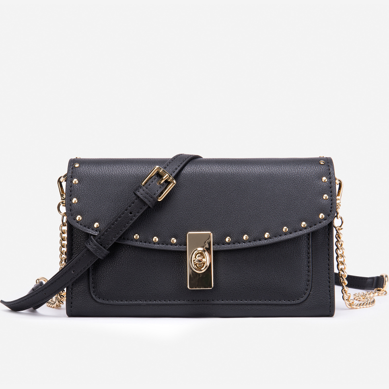 Ženska torbica s ukrasnim čavlima od prave kože, lančani remen, mali četvrtasti oblik, crossbody