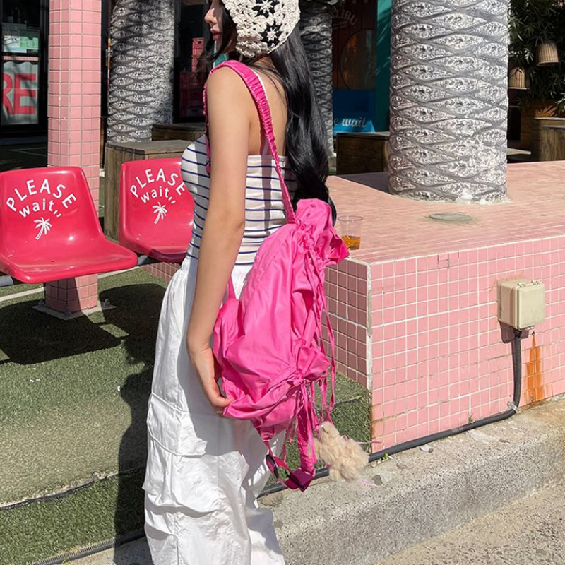 Najlonski ruksak sa šnurnom i plisiranim prednjim dijelom, Harajuku stil, unisex školska torba, kapacitet 20–35 L, vodootporan.