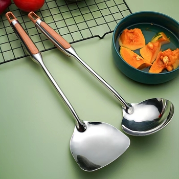 Spatule din oțel inoxidabil cu mâner lung, aspect lemn, anti-arzire, set de două bucăți