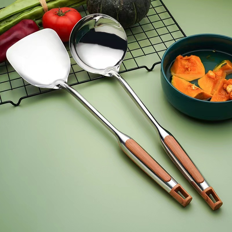 Spatule din oțel inoxidabil cu mâner lung, aspect lemn, anti-arzire, set de două bucăți