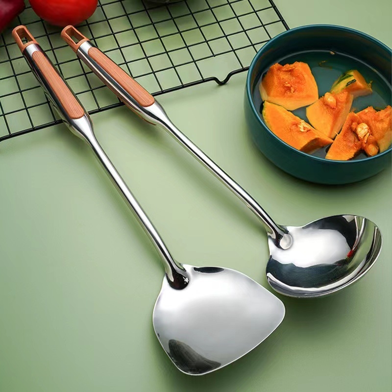 Spatule din oțel inoxidabil cu mâner lung, aspect lemn, anti-arzire, set de două bucăți