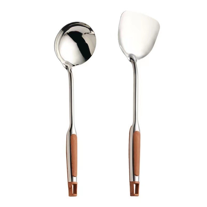 Spatule din oțel inoxidabil cu mâner lung, aspect lemn, anti-arzire, set de două bucăți