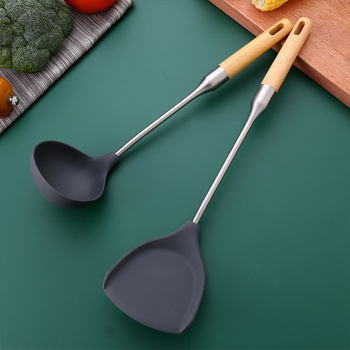 Set spatulă din silicon și lingură din oțel inoxidabil, cu mâner din lemn, pentru bucătărie