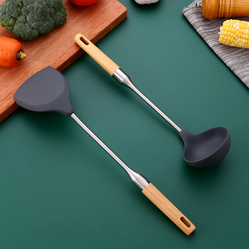 Set spatulă din silicon și lingură din oțel inoxidabil, cu mâner din lemn, pentru bucătărie