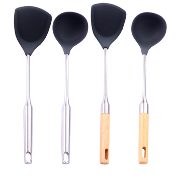 Set spatulă din silicon și lingură din oțel inoxidabil, cu mâner din lemn, pentru bucătărie