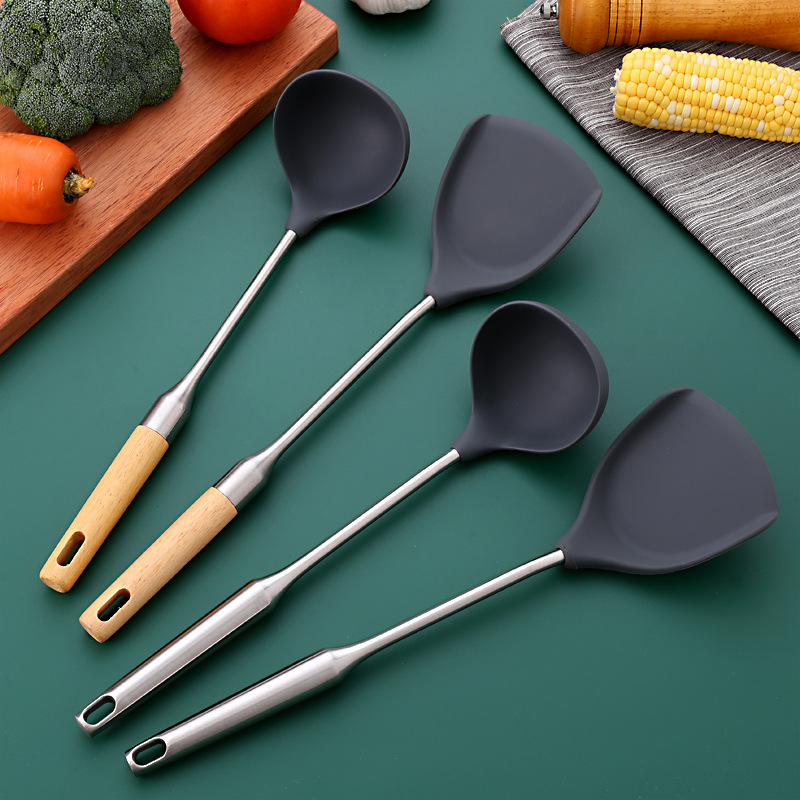 Set spatulă din silicon și lingură din oțel inoxidabil, cu mâner din lemn, pentru bucătărie