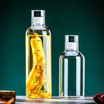 Sticlă de vin din sticlă borosilikat, capac etanș, recipient pentru infuzie cu ginseng, design minimalist, cu marcaje de măsurare.