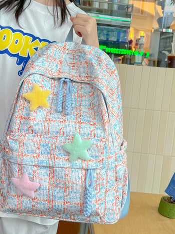 Ruksak u japanskom stilu s kariranim uz studentarima, gradski jednostavan dizajn, pogodan za 14-inčni prijenosnik