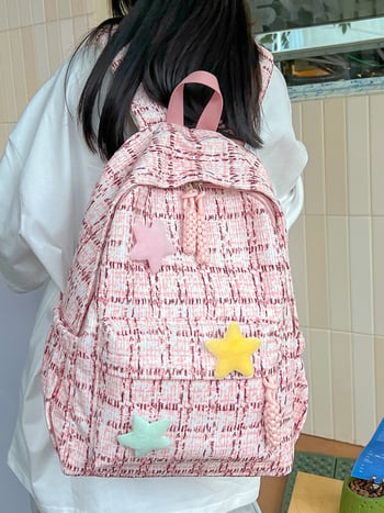 Ruksak u japanskom stilu s kariranim uz studentarima, gradski jednostavan dizajn, pogodan za 14-inčni prijenosnik