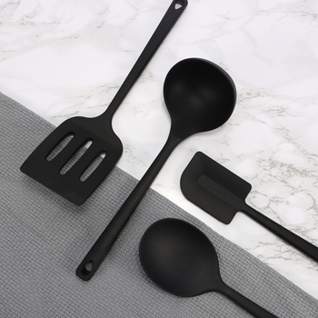 Set de ustensile de bucătărie cu acoperire din silicon pe fontă – spatulă, lingură pentru prăjit și lingură de supă; neaderent, anti-derapare, rezistent la temperaturi înalte.