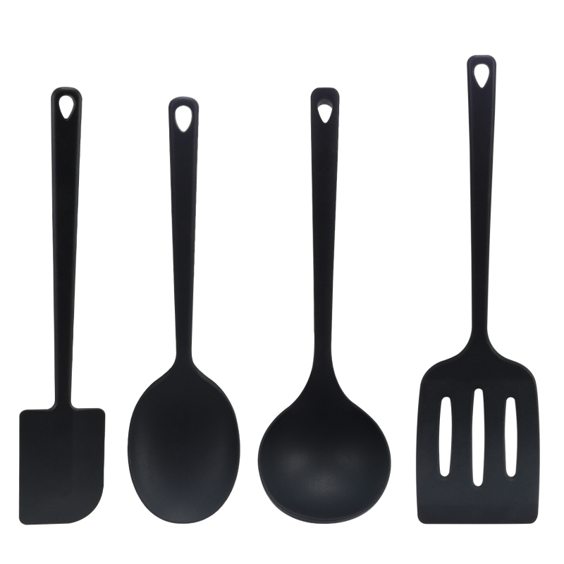 Set de ustensile de bucătărie cu acoperire din silicon pe fontă – spatulă, lingură pentru prăjit și lingură de supă; neaderent, anti-derapare, rezistent la temperaturi înalte.