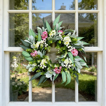 Coronă de ușă florală primăvară-vară din lână de miel