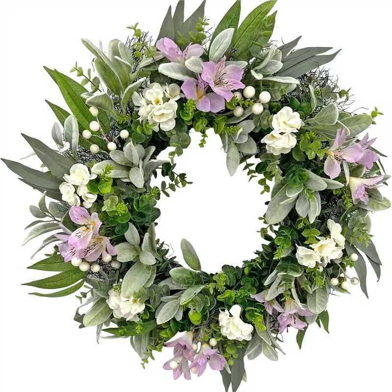 Coronă de ușă florală primăvară-vară din lână de miel