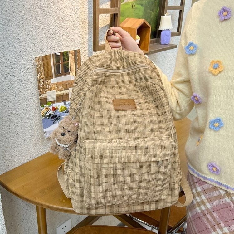 Ruksak od korduroja s kariranim uzorkom za djevojke – velik kapacitet, školski i putni ruksak, casual stil