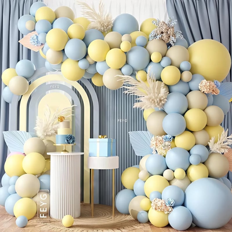 Ghirlandă cu baloane crem pentru baby shower – baloane din latex, formă desen animat, 12 inch, albastru și galben lămâie, decor pentru petrecere de copii