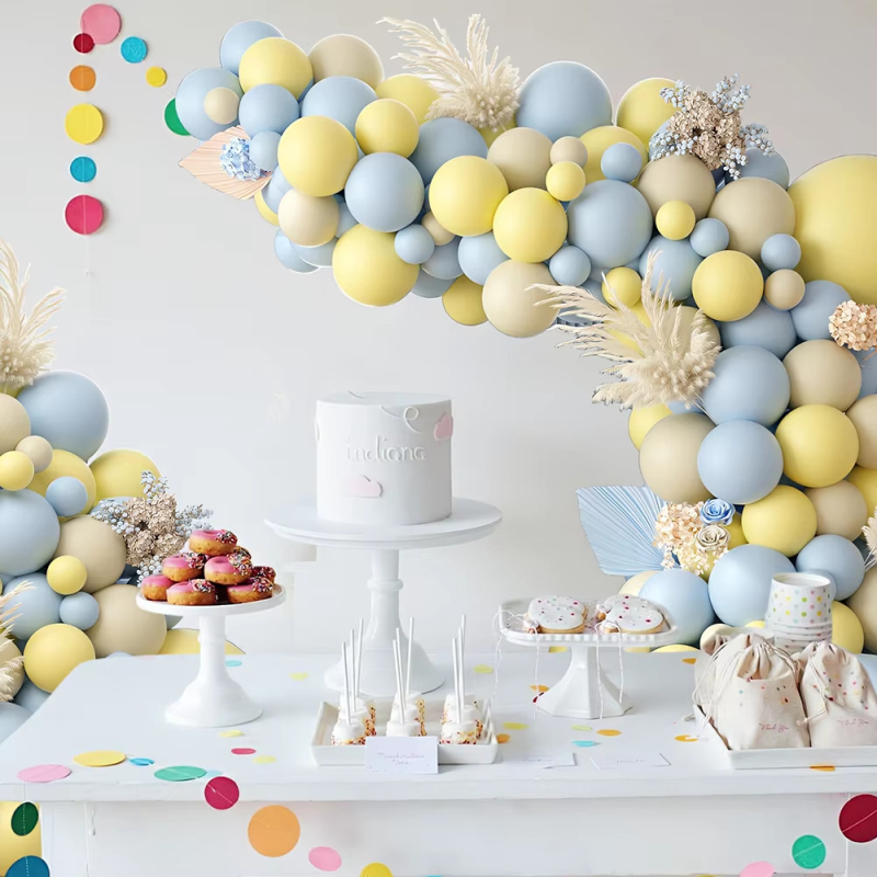 Ghirlandă cu baloane crem pentru baby shower – baloane din latex, formă desen animat, 12 inch, albastru și galben lămâie, decor pentru petrecere de copii