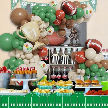 Set decorare baloane 131 piese, în verde gazon și maro, cu model fotbal, pentru prima zi de școală