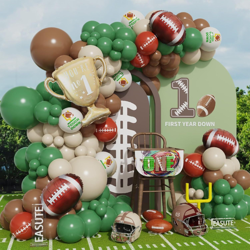 Set decorare baloane 131 piese, în verde gazon și maro, cu model fotbal, pentru prima zi de școală