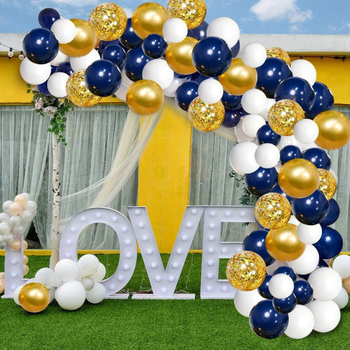 Buchet de baloane în nuanțe bleumarin, auriu metalic și alb pentru decor de ziua de naștere și nuntă — baloane din folie, 12 inch