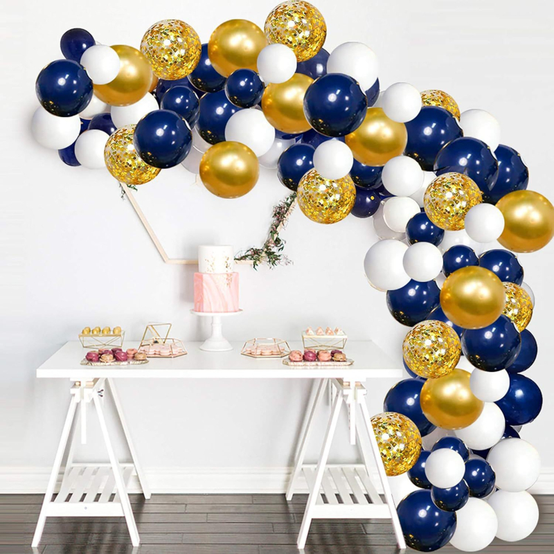 Buchet de baloane în nuanțe bleumarin, auriu metalic și alb pentru decor de ziua de naștere și nuntă — baloane din folie, 12 inch