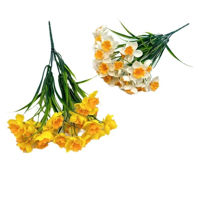 Buchet artificial cu narcise, aspect realist, iarbă de primăvară, decor pentru birou, nuntă și casă