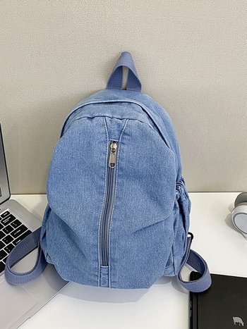 Denim ruksak za putovanja i aktivnosti na otvorenom, opušteni kampus stil, retro jednobojni dizajn, pogodan za 10-inčni prijenosnik