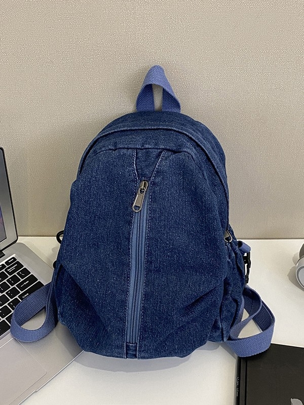 Denim ruksak za putovanja i aktivnosti na otvorenom, opušteni kampus stil, retro jednobojni dizajn, pogodan za 10-inčni prijenosnik