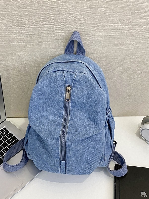 Denim ruksak za putovanja i aktivnosti na otvorenom, opušteni kampus stil, retro jednobojni dizajn, pogodan za 10-inčni prijenosnik