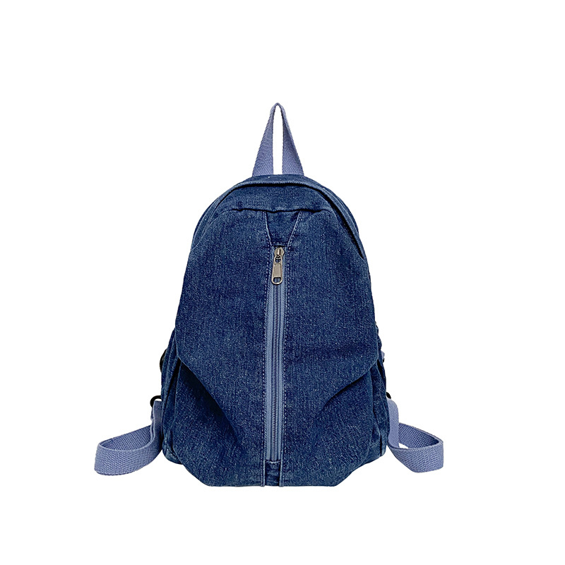 Denim ruksak za putovanja i aktivnosti na otvorenom, opušteni kampus stil, retro jednobojni dizajn, pogodan za 10-inčni prijenosnik