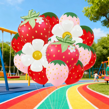 Set baloane cu temă fructe, finisaj mat, imprimeu cu căpșuni și margarete, include baloane din folie și baloane din latex de 12 inch pentru decor de petrecere