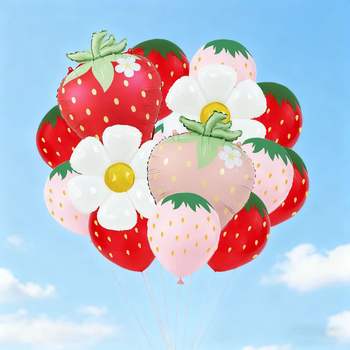 Set baloane cu temă fructe, finisaj mat, imprimeu cu căpșuni și margarete, include baloane din folie și baloane din latex de 12 inch pentru decor de petrecere
