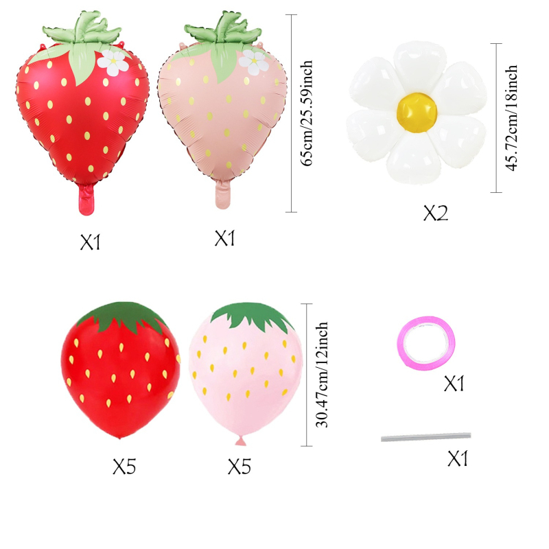 Set baloane cu temă fructe, finisaj mat, imprimeu cu căpșuni și margarete, include baloane din folie și baloane din latex de 12 inch pentru decor de petrecere