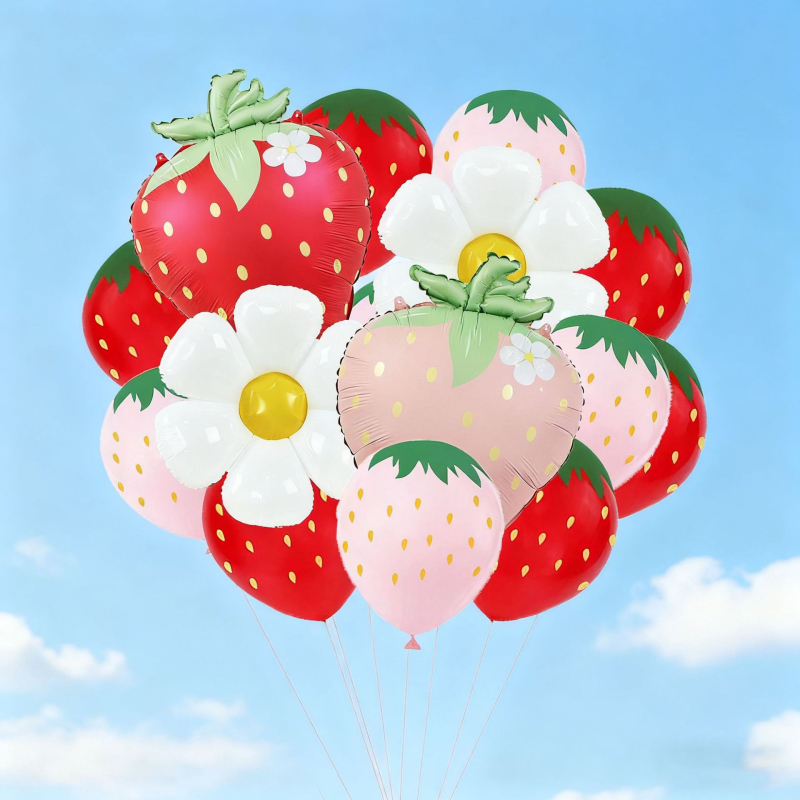 Set baloane cu temă fructe, finisaj mat, imprimeu cu căpșuni și margarete, include baloane din folie și baloane din latex de 12 inch pentru decor de petrecere