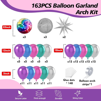 Set de baloane din folie cu arc pentru petrecere disco, 163 de piese, stil 80–90
