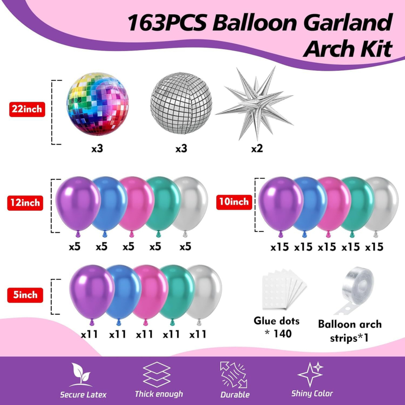 Set de baloane din folie cu arc pentru petrecere disco, 163 de piese, stil 80–90