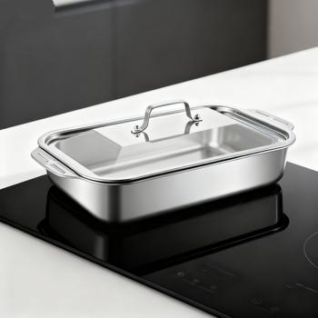 Vas dreptunghiular din oțel inoxidabil gros, pentru grătar pește, cu două mâneri, compatibil cu plitele cu inducție, material de calitate alimentară; multifuncțional, portabil, ușor de curățat, suprafață antiaderent.