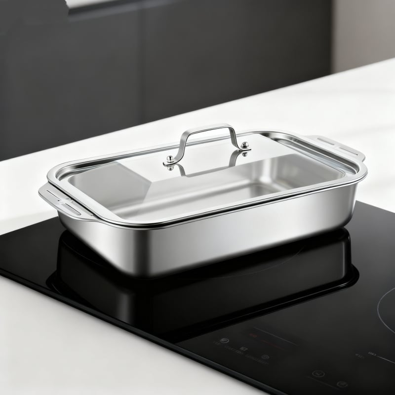 Vas dreptunghiular din oțel inoxidabil gros, pentru grătar pește, cu două mâneri, compatibil cu plitele cu inducție, material de calitate alimentară; multifuncțional, portabil, ușor de curățat, suprafață antiaderent.