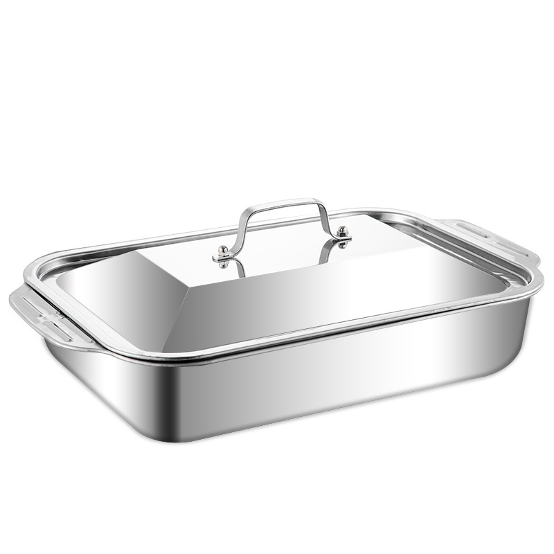 Vas dreptunghiular din oțel inoxidabil gros, pentru grătar pește, cu două mâneri, compatibil cu plitele cu inducție, material de calitate alimentară; multifuncțional, portabil, ușor de curățat, suprafață antiaderent.
